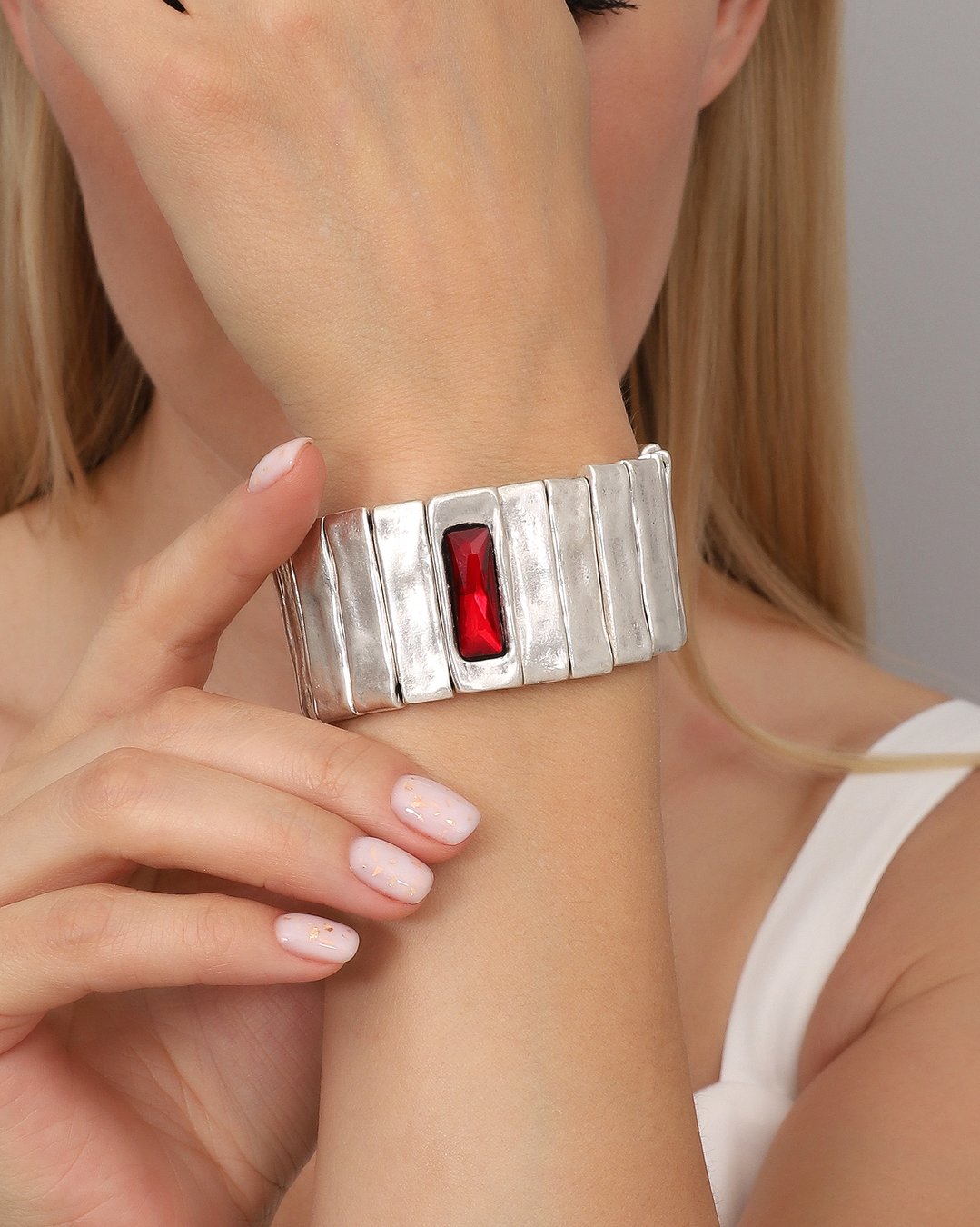 Silvertone red crystal stone bracelet