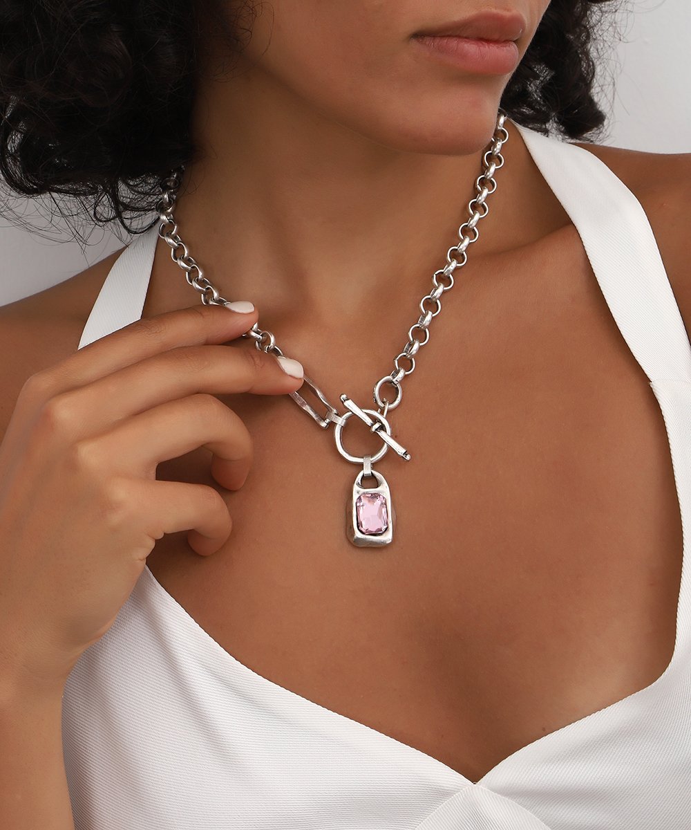 Pink Crystal Stone pendant Chain Necklace