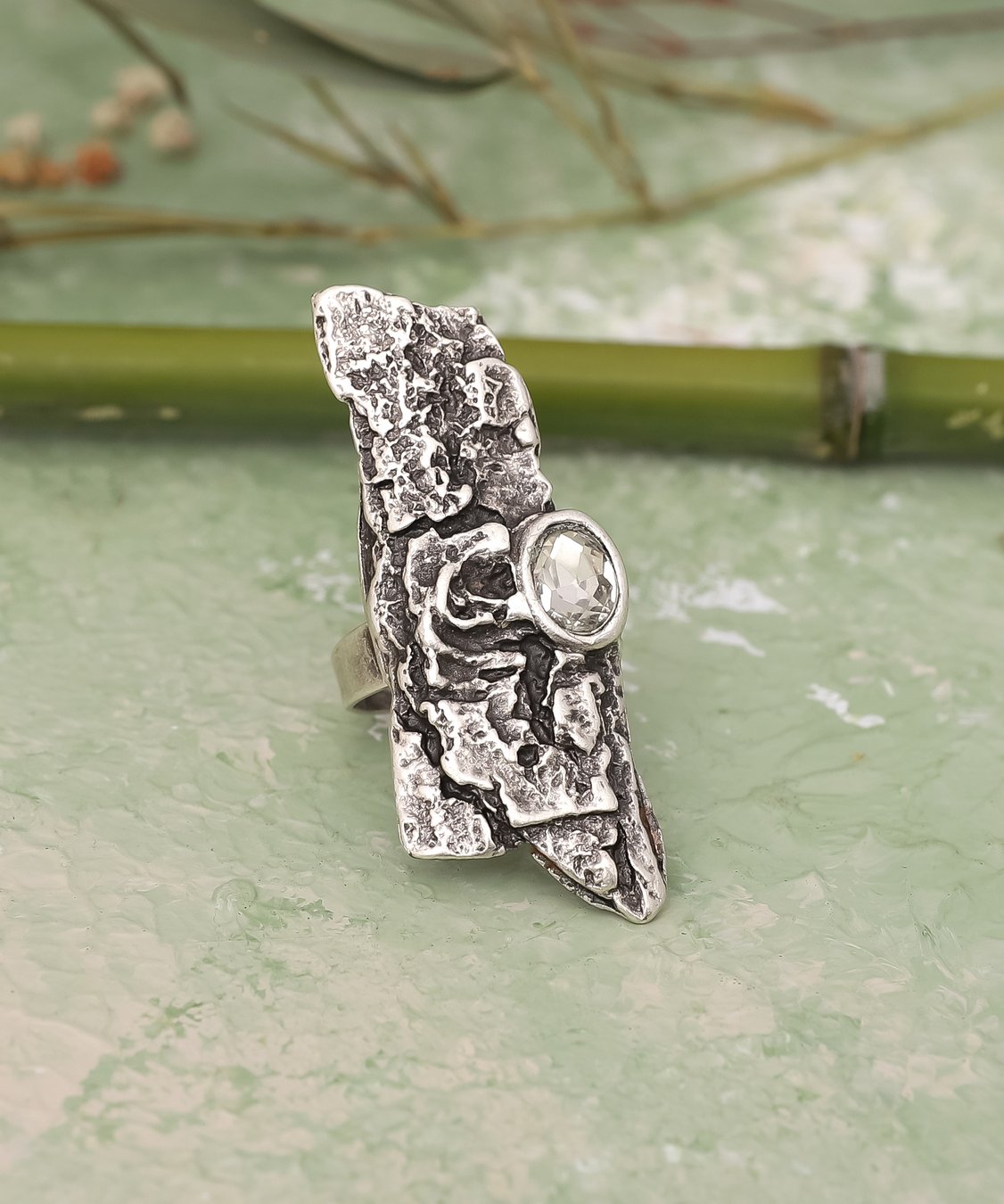 Antique Silver Plated White Crystal Stone Free Size Ring